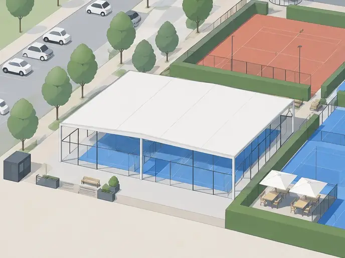 Open overkapping: een stalen constructie boven de banen, zijkanten permanent open